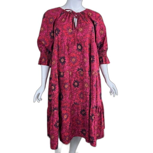 Coco + Jase Custom Womens Size XL Red Floral Cotton Pullover Midi Dress Art Boho - Picture 1 of 13